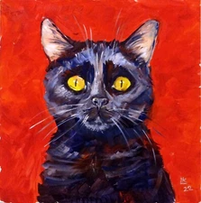 Black Cat Portrait Original Painting 16x16 Signed  Artwork