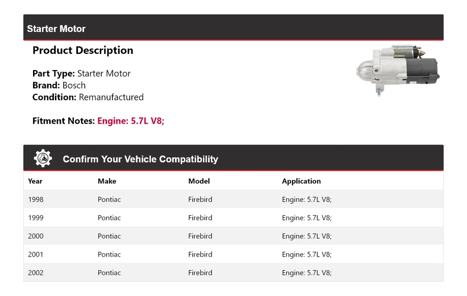 For 1998-2002 Pontiac Firebird 5.7L V8 Bosch Starter (Remanufactured) 1999 2000 - Image 2 of 4