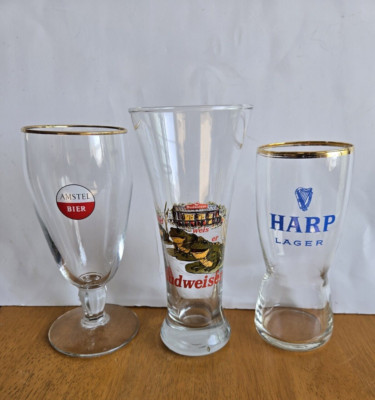 (3) Vintage Beer Glasses Amstel Budweiser Harp Gold Rim