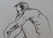 Original charcoal pencil drawing of a male nude in a crouching pose in profile