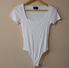 Vici Bodysuit White Short Sleeve Square Neck Ribbed Knit Women's S p84-5