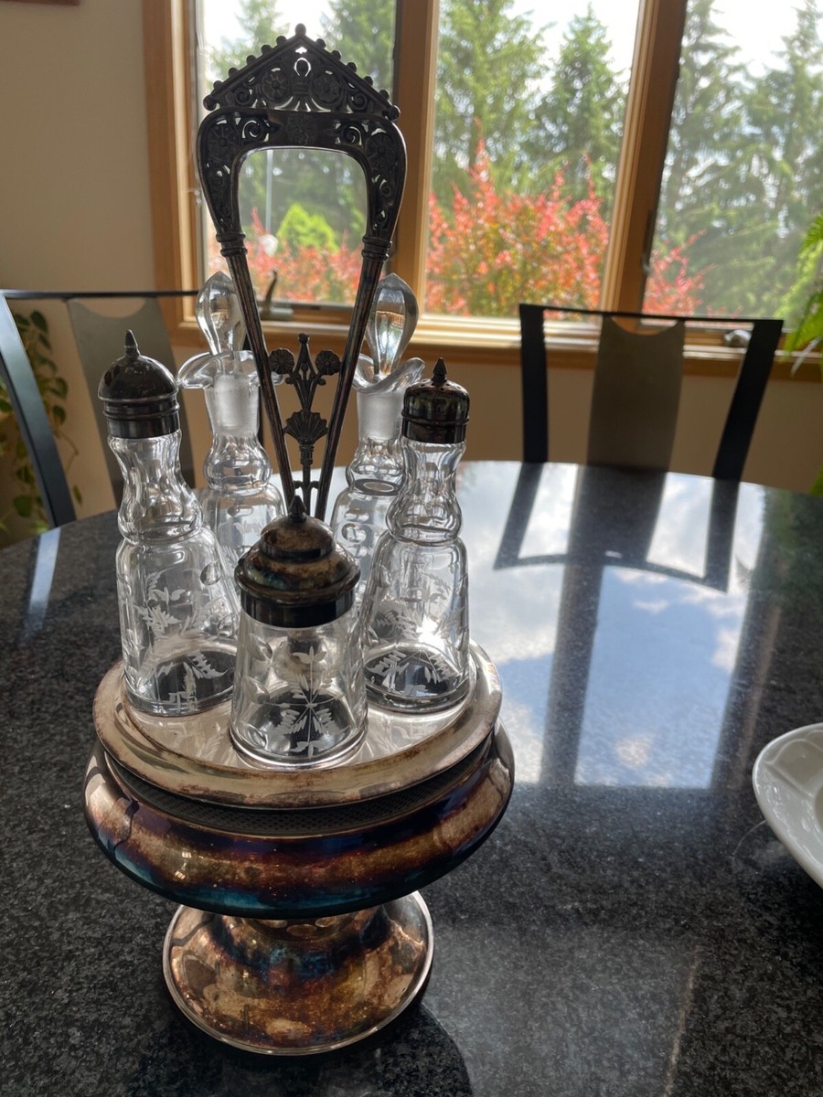 ANTIQUE VICTORIAN SILVER PLATE CRUET CONDIMENT SET CADDY WITH