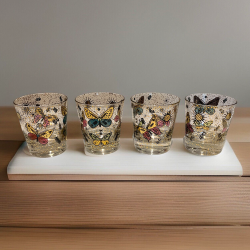 Vintage Georges Briard Lowball Rocks Glasses Butterfly Gold Speckles Lot of 4