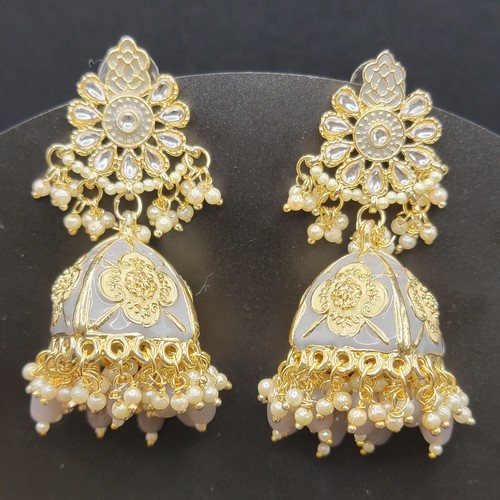 Gold Plated Kundan Jhumka Monalisa CZ Stones Indian Bollywood Flower Earrings - Picture 12 of 15