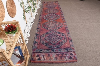 Vintage Runner Rug 2,9x11,5 ft, Turkish Herki Red Floral Wool Rug