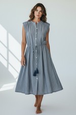 LOFT Blue White Stripe Button Front Dress Tassel Tie Waist Cotton Oversized M