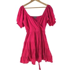 Tokito Dress Womens 10 Pink V Neck Puff Sleeve Linen Wrap Short Mini 137369