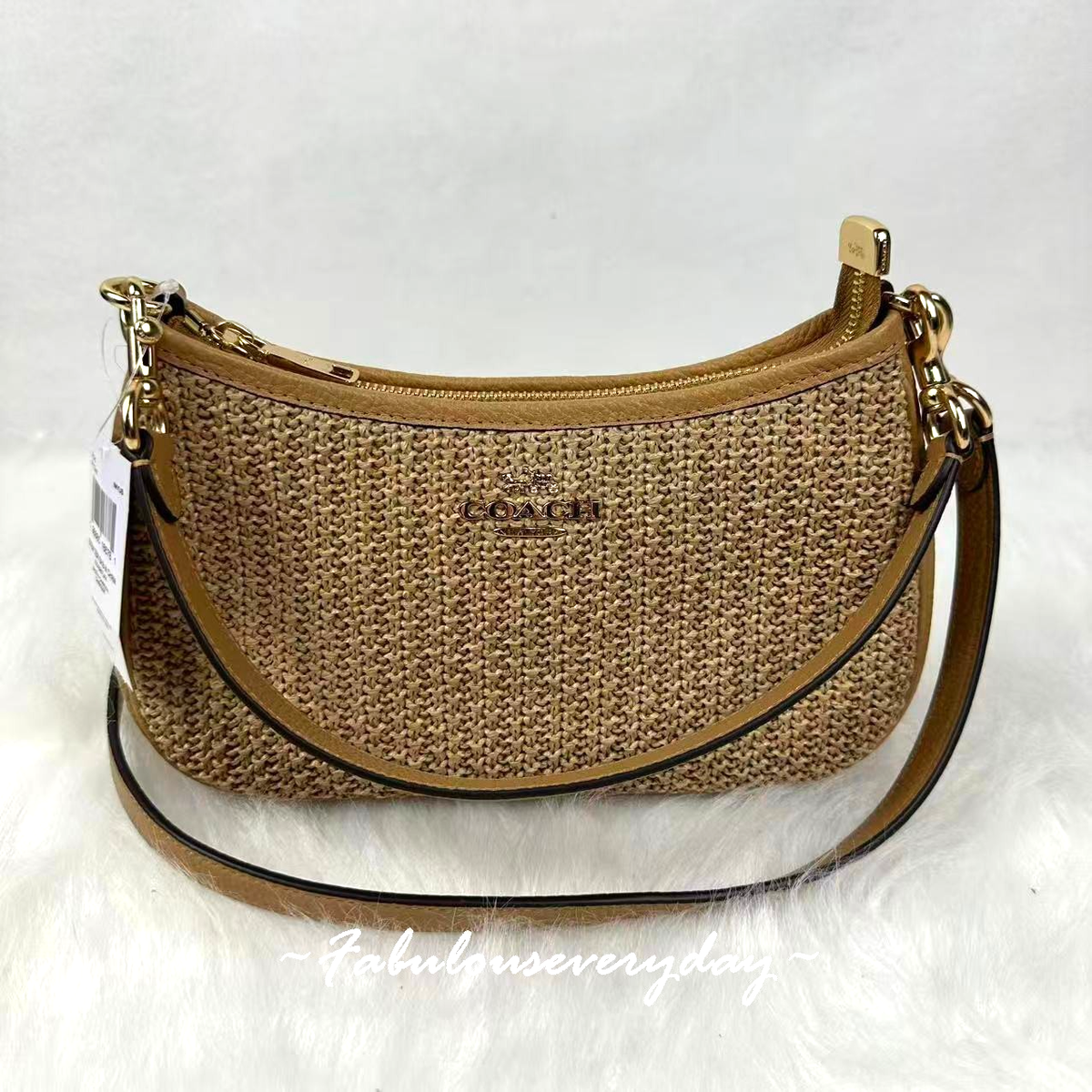 Coach Teri Shoulder Bag Crossbody With Charm Straw/Gold/Toast