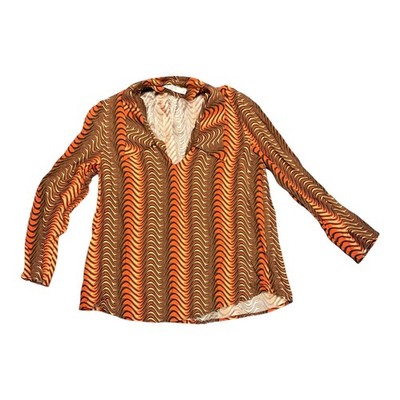 Rixo London Silk Blouse Size S Orange Psychedelic Print V Neck Long Sleeve