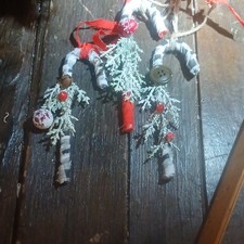 Handmade Rustic Striped Fabric Candy Cane Ornaments w/ Buttons, Bells & Pine Se…