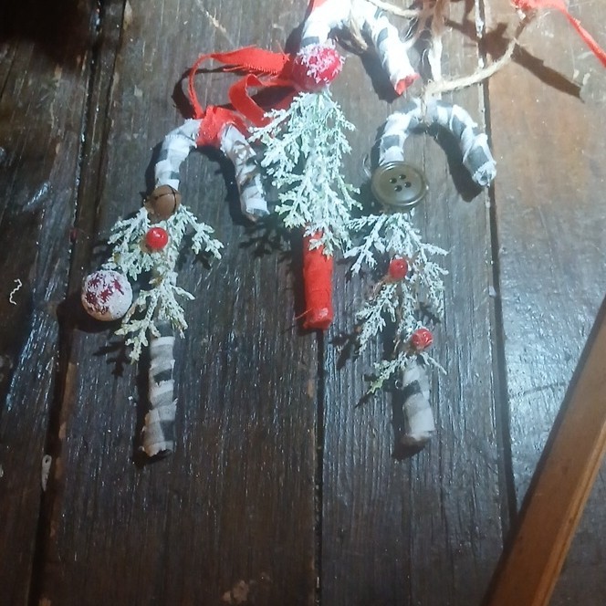 Handmade Rustic Striped Fabric Candy Cane Ornaments w/ Buttons, Bells & Pine Se…