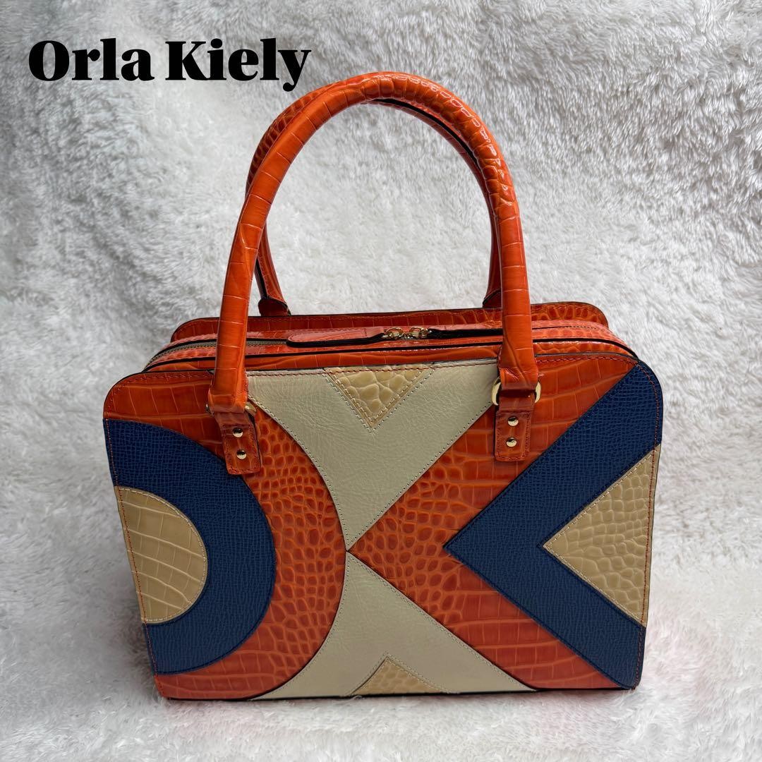 Orla Kiely Leather Handbag Croc-Embossed Orange Cowhide 24x32cm Crocodile-emboss