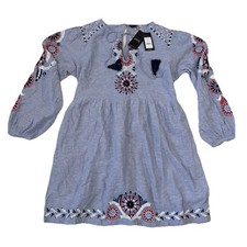 New Look Embroidered Chambray Dress Boho Peasant Tassel Tie Blue US Size 14