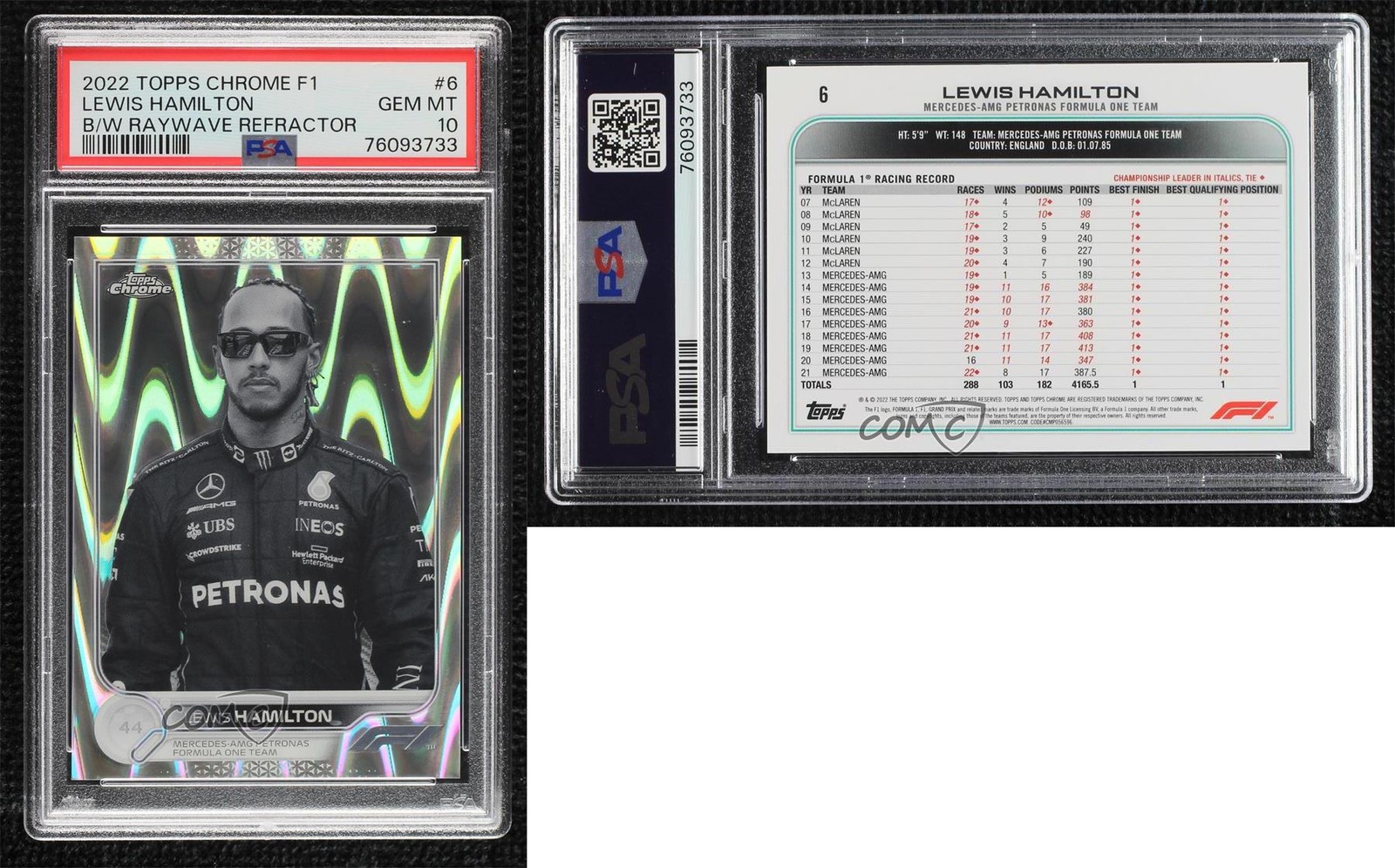 2022 Chrome Formula 1 Black & White RayWave Refractor Lewis Hamilton PSA 10 n0c view 3