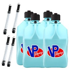 VP Racing Sky Blue 4 Pack w/ 4 Fill Hoses Square Fuel Jug Gas Containers IMCA