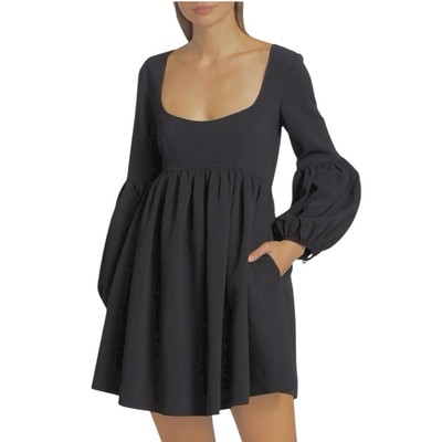 Cinq à Sept Babydoll Dress Size 2 Black Long Sleeve Empire Waist Pleat Minidress