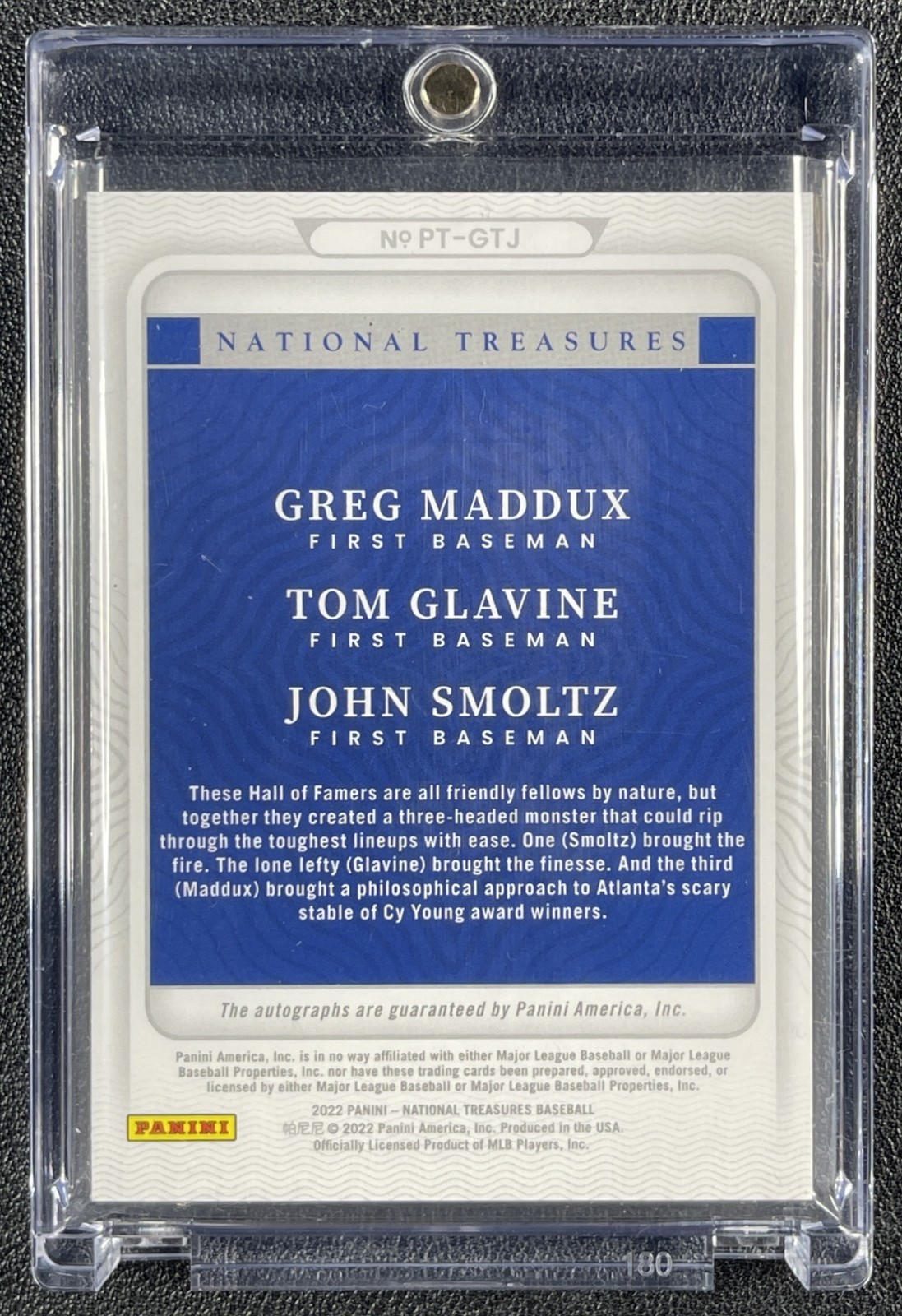 GREG MADDUX TOM GLAVINE JOHN SMOLTZ 2022 NATIONAL TREASURES PRIME TRIOS AUTO 1/1 view 2