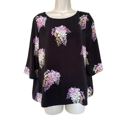 DKNYC Floral Top Womens Size Medium Black Relaxed Fit Lightweight Designer