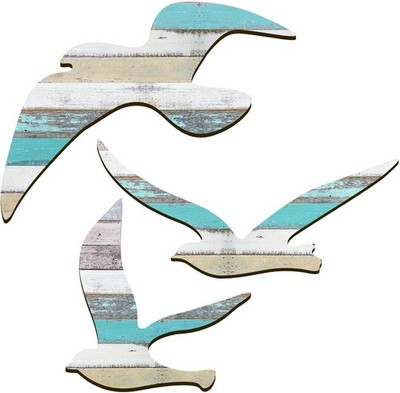 3Pcs Wood Seagull Beach Wall Decor, Wall Art Beach Decorations Nautical Self-...