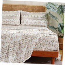 4 Pieces Sheet Set Bohemian, Boho Sheets Soft King B-cream Olive Geometric