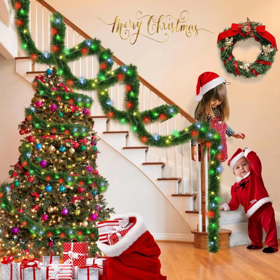 Guirnalda de Navidad Artificial 39.4FT con Luces, 150 Pin de Oropel Iluminado Colorido Foto 3 de 4