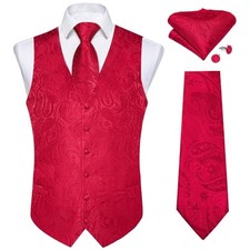 Mens Vest and Tie Set Formal Paisley Waistcoat and Necktie Pocket X-Large Red