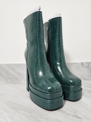 Truffle Collection Double Plateau Stiefel Damen UK6 Grün Kroko Hohe Knöchel