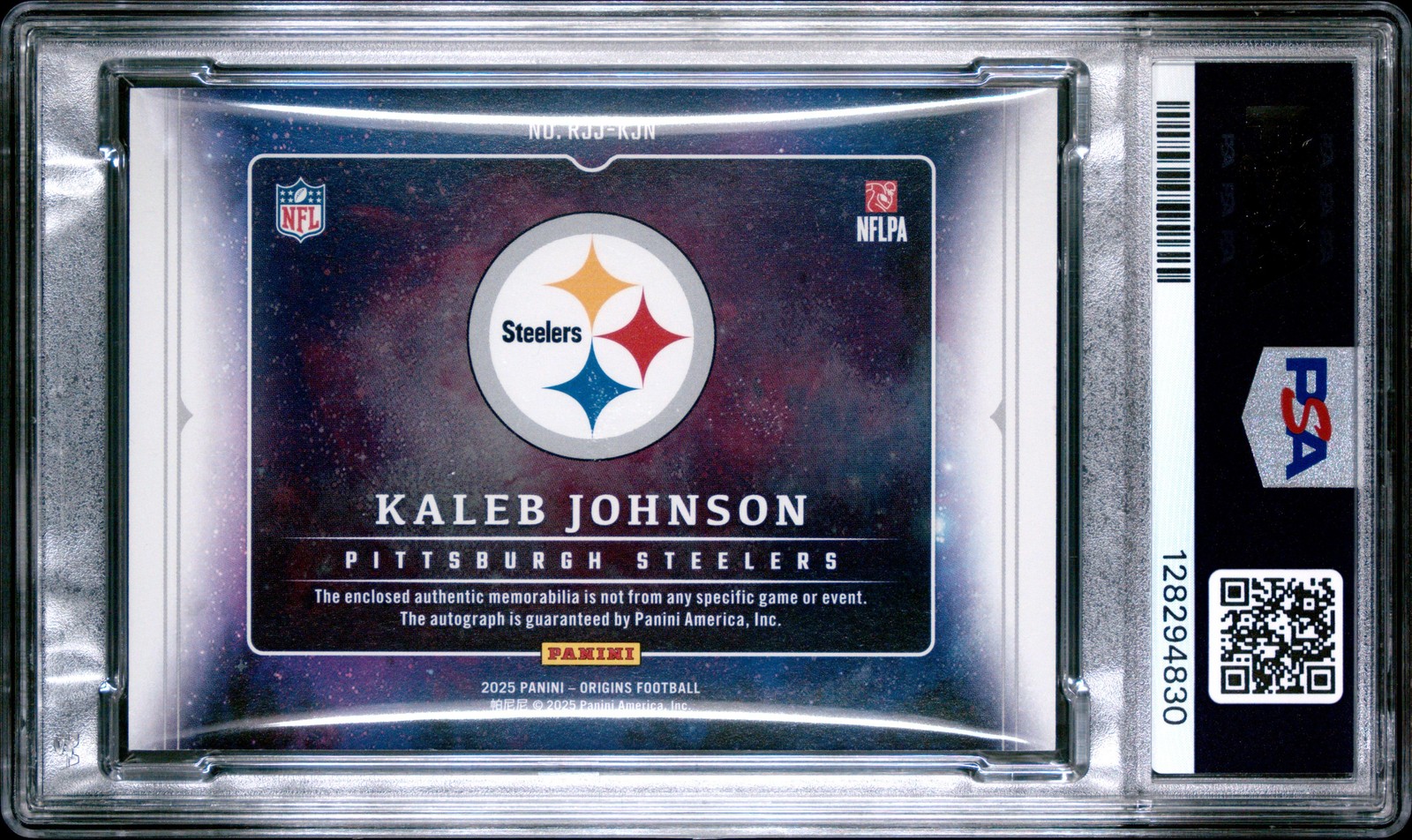 2025 Panini Origins Kaleb Johnson Rookie Patch Auto Turquoise #05/25 PSA 8 AG780 view 2