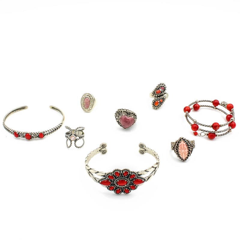 Carolyn Pollack Relios Sterling Red Coral Rings Cuff Bracelet Lot of 8 #S5608-2