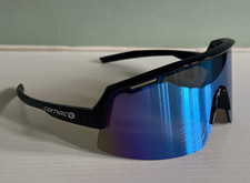 Carnac Vesta cycling glasses. Jet Black Frames. Ice Blue Revo Lenses. Sunglasses