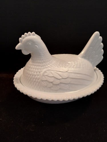 Vintage Indiana Glass Hen on Nest Beaded Milk Glass PLEASE READ