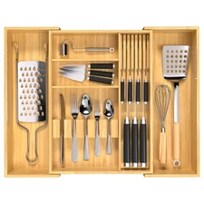 Bamboo Expandable Kitchen Drawer Organizer Adjustable Silverware Drawer Cutle...