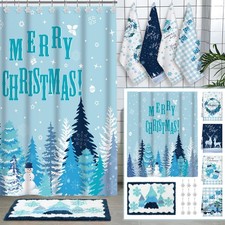 18 Pcs Merry Christmas Fabric Shower Curtain Set with 12 Decorative Shower Cu...