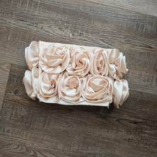 Champagne Satin 3D Rosette Floral Evening Clutch Bag Wedding Formal Beige