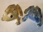 2 Antique Hand-Painted Roseville Pottery Frogs Rare Blue, Beige Both w Speckles