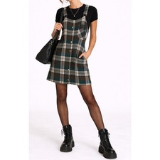 VTG 90s Upcycled Plaid Pinafore Jumper Dress XS Blue Indie Sleaze Grunge Preppy