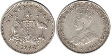 Australia: 1934/3 Three Pence KGV silver 3d overdate 193(4 over 3) VF cat $300
