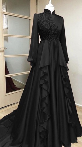 Muslim Chiffon Wedding Dress Long Sleeves Elegant Beading High Neck Bridal Gowns - Picture 17 of 22