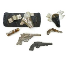 3 Vtg Miniature Metal, Diecast  Plastic Pistol Toys Accessories USED / Wear 