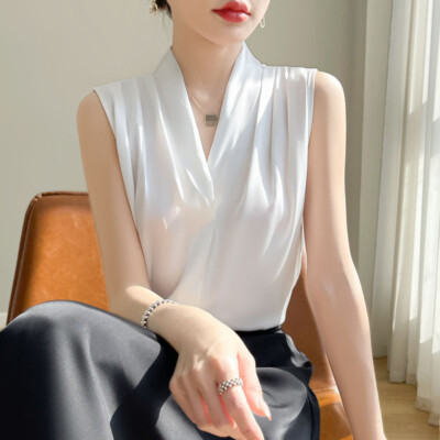 Summer Women Sexy Silk Satin Tops V-Neck Sleeveless Camisoles Casual Loose Vests