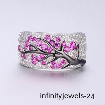 14K White Gold Over 1.81CT Round Real Pink Sapphire Tree Engagement Wedding Ring