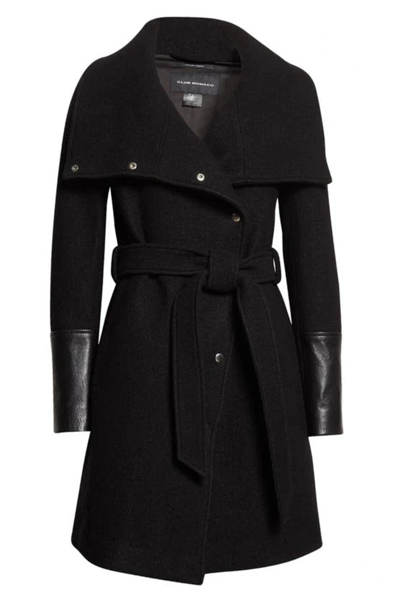 New Club Monaco Halli Belted Wool & Leather Coat In Black Size XL 