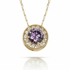 Solid 14K Yellow Gold Round Halo CZ Pendant with Sparkling Birthstone