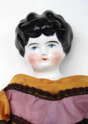 16 in China Head Doll Antique Low Brow Black Hair Blue Eyes