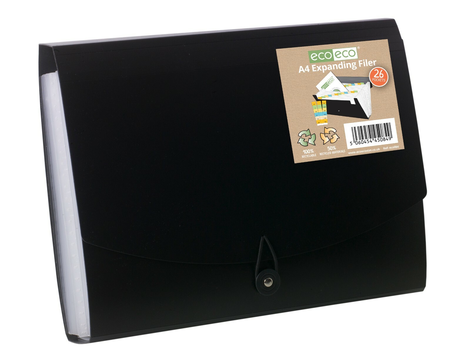 A4 50% Recycled 26 Clear Pocket Black Accordion Expanding File Organiser Tabs