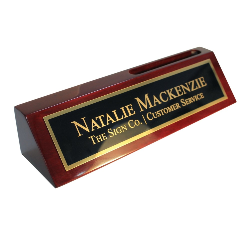 Engraved Custom Desk Name Plate,  with Rosewood Piano Finish and Card Holder