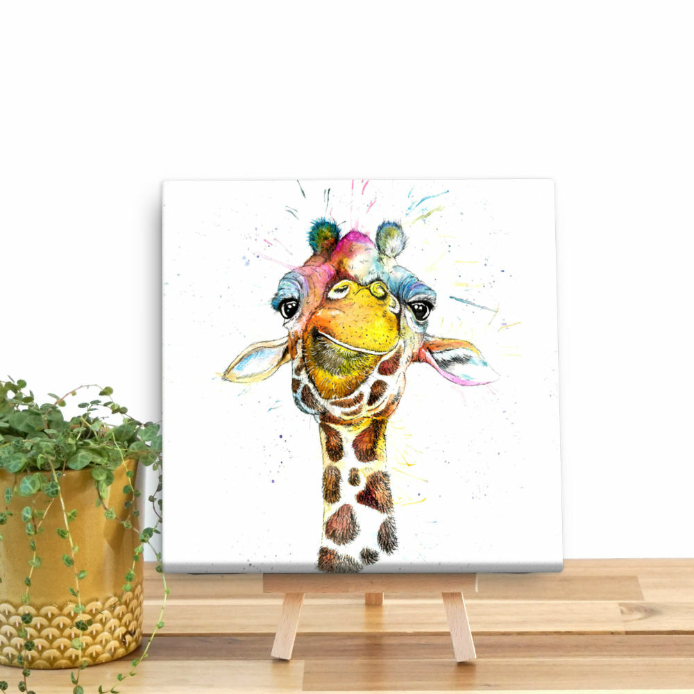 Splatter Rainbow Giraffe Small Wooden Canvas by Katherine Williams KW37V