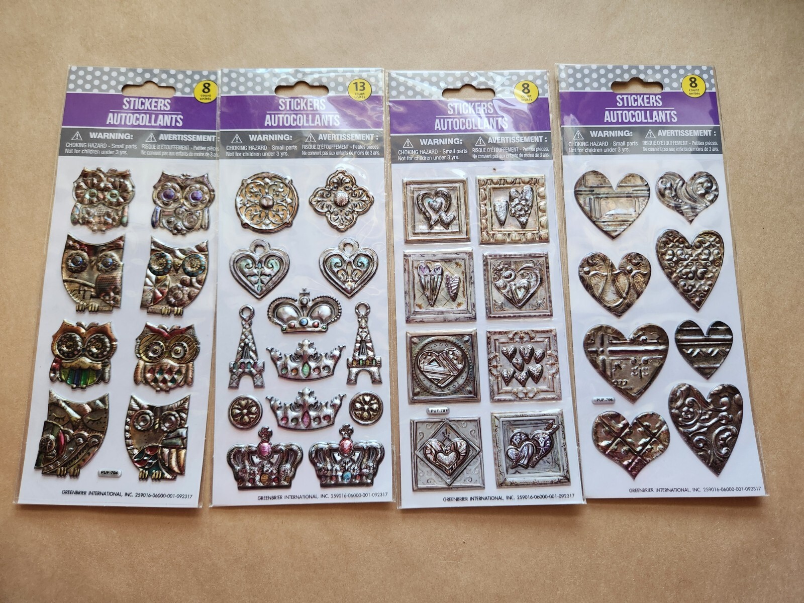 Metallic Textured Puff Stickers 4 packs Owls, Hearts and more