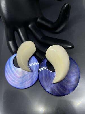 VTG Stephen Dweck 925 Signed Blue Abalone Lucite Dangle Large Clip On Earrings
