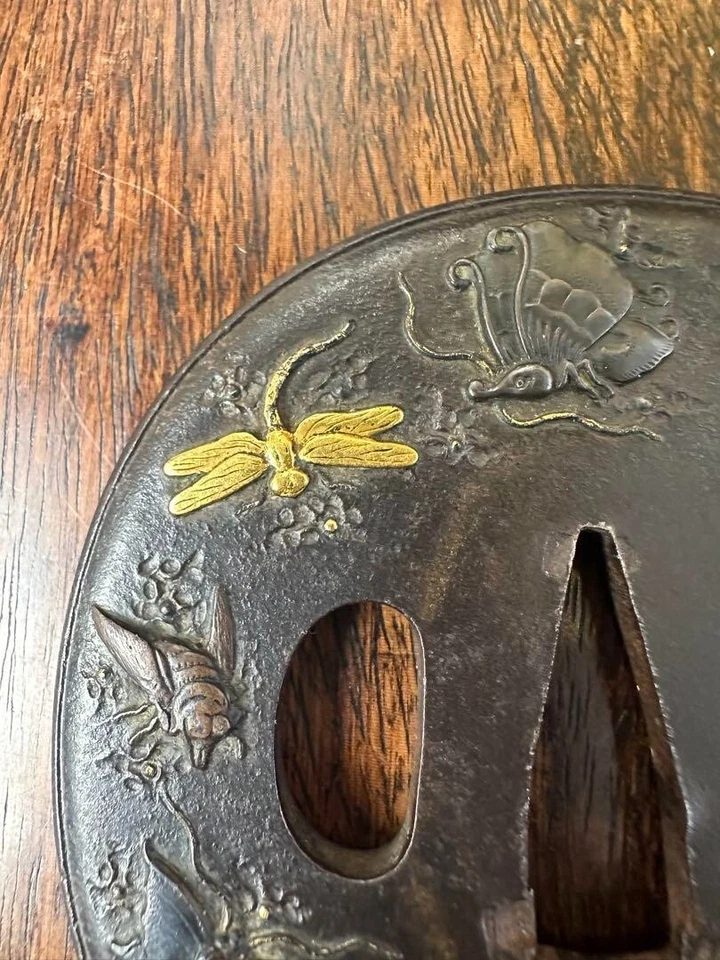 Antique Edo Era Dragonfly Gold Inlay Tsuba Japanese Samurai Sword Katana Guard - Image 2 of 4